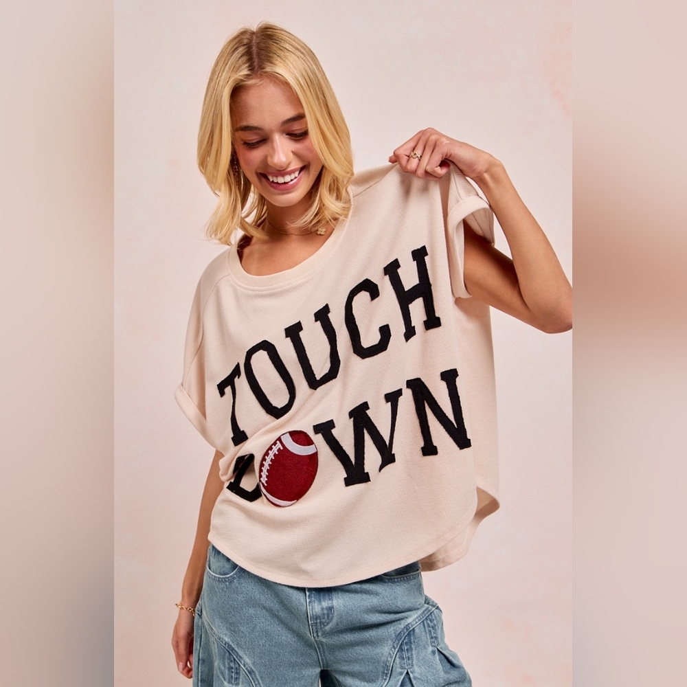 BiBi Game Day Touchdown Letter Patches Waffle Short Top - Picture 3 of 14